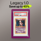 Legacy 1.0 display case with vibrant purple edges, featuring a PSA-graded Mewtwo card. Designed for UV protection and scratch resistance.