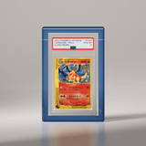 A PSA-graded vintage trading card of a charizard japanese pokemon card, shown upright in its protective slab case on a sleek blue color phantom display stand. #color_blue