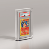 A front-facing view of a Phantom Display Ultra acrylic case housing a 2002 Pokémon Japanese Charizard Holo card graded PSA GEM MT 10. The eCard Promo label is clearly visible at the top, emphasizing the card’s premium condition and the case’s sleek, protective design.