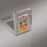 Front angle view of Phantom Display Prism graded card case, showcasing a PSA graded 2002 Pokémon Japanese Charizard Holo eCard Promo card with a Gem Mint 10 grade #authenticator_psa