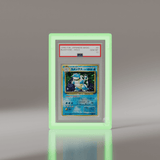 PSA graded Blastoise 1996 Japanese Basic card displayed in a Phantom Display neon green acrylic case. #size_psa