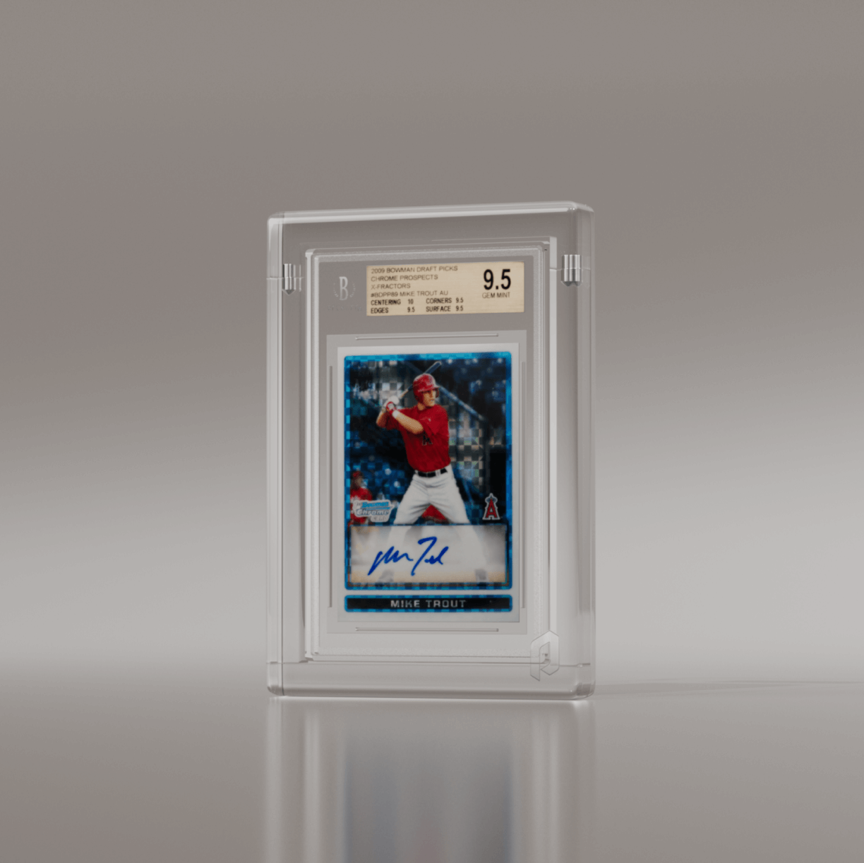 Front view of a Phantom Display graded card case featuring a Mike Trout baseball card graded GEM MT 9.5, protected in a premium UV-resistant display case. #authenticator_bgs