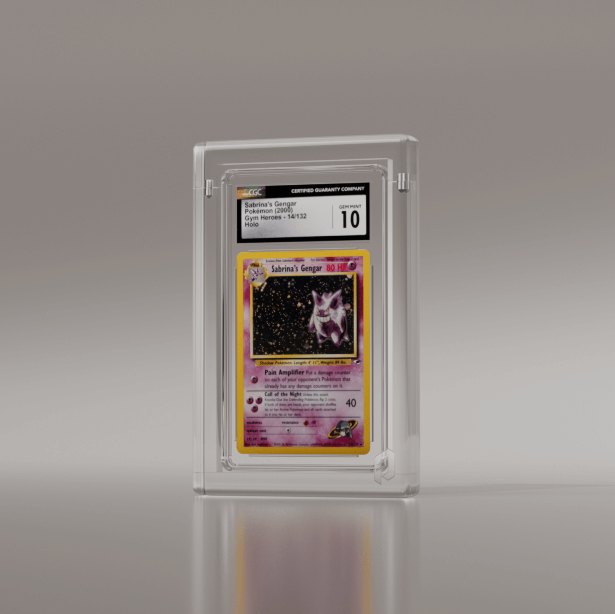 Side view of a Phantom Display graded card case, holding a Sabrina's Gengar Pokémon card graded GEM MT 10, designed for premium display and protection. #authenticator_cgc