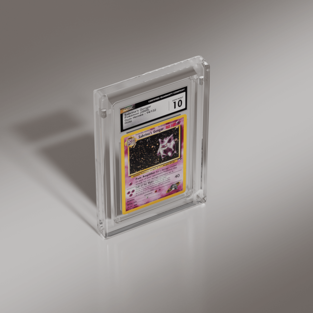 Top view of a Phantom Display graded card case featuring a Sabrina's Gengar Pokémon card, graded GEM MT 10, offering UV protection and clear visibility for collectors. #authenticator_cgc