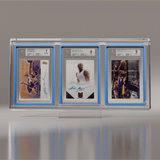 BGS graded Kobe Bryant autographed basketball cards in a triple Phantom Display case with GradedGuard blue frames. #authenticator_bgs