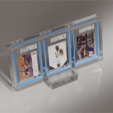 Angled view of BGS graded Kobe Bryant autographed basketball cards in a triple Phantom Display case with GradedGuard blue frames. #authenticator_bgs