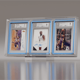 Side angled view of BGS graded Kobe Bryant autographed basketball cards in a triple Phantom Display case with GradedGuard blue. #authenticator_bgs