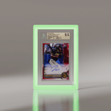 Upright view of BGS graded James Wood 2022 Bowman Chrome Red Lava Refractor Autograph card in a Phantom Display neon green acrylic case. #size_bgs