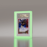 Side view of BGS graded James Wood 2022 Bowman Chrome Red Lava Refractor Autograph card in a Phantom Display neon green acrylic case. #authenticator_bgs