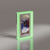 Angled view of BGS graded James Wood 2022 Bowman Chrome Red Lava Refractor Autograph card in a Phantom Display neon green acrylic case. #authenticator_bgs