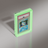 Upright view of PSA graded Blastoise 1996 Japanese Basic card in a Phantom Display neon green acrylic case. #size_psa