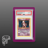 1999 Pokémon Game Mewtwo Holo Shadowless graded Gem Mint 10 in a premium Phantom Display Ultra case, showcasing a purple frame for enhanced UV protection and style. #authenticator_psa