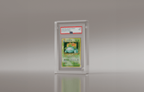 Close-up of PSA graded Mint 9 1996 Japanese Venusaur Holo card, showcased in a premium Phantom Display acrylic case designed for high-end collectors.