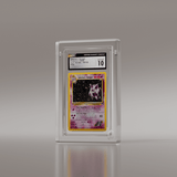 Close-up of CGC graded Gem Mint 10 Sabrina's Gengar Pokémon card, securely encased in a premium acrylic display case for collectors.