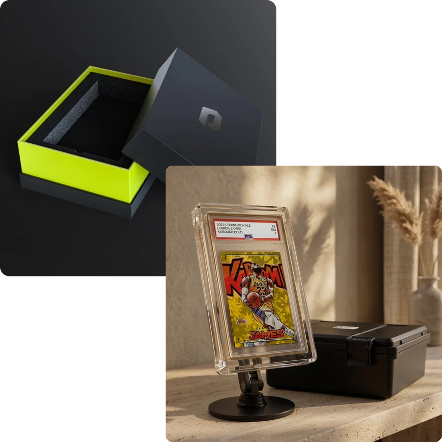 A graded LeBron James card shown in a Phantom acrylic display on a desk stand, beside the brand's foam-lined packaging