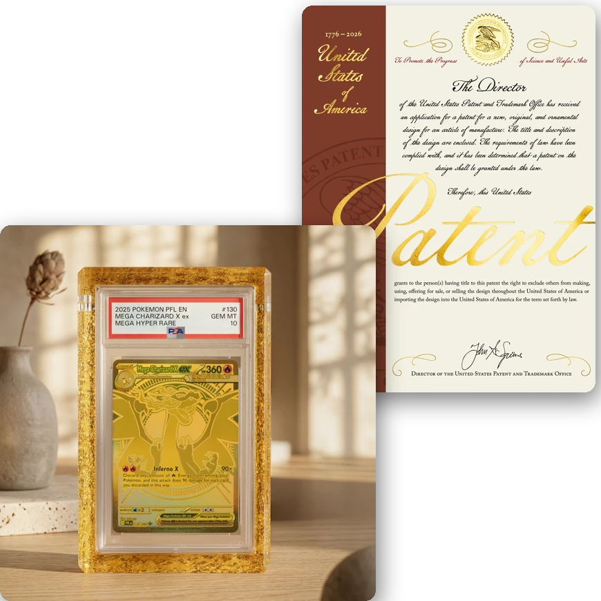 Phantom's United States design patent certificate, with a graded Mega Charizard card shown in a Phantom acrylic display in front of it