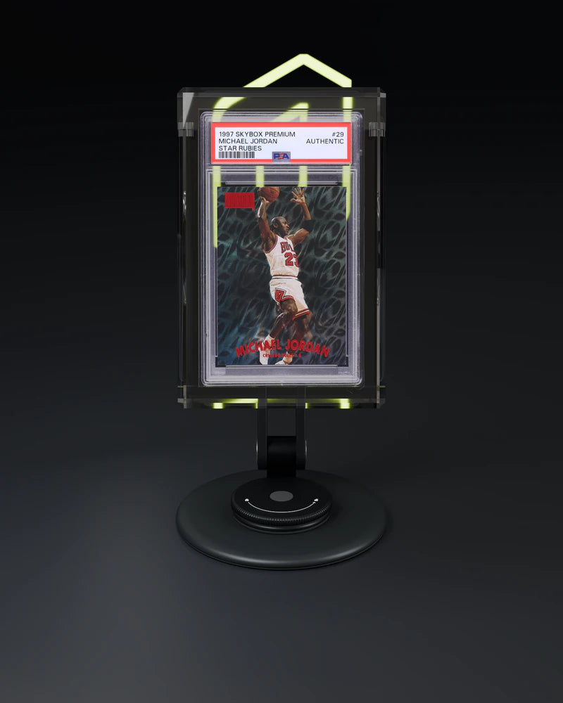 Magneto Desk Stand Single in Obsidian Black, holding a graded card display