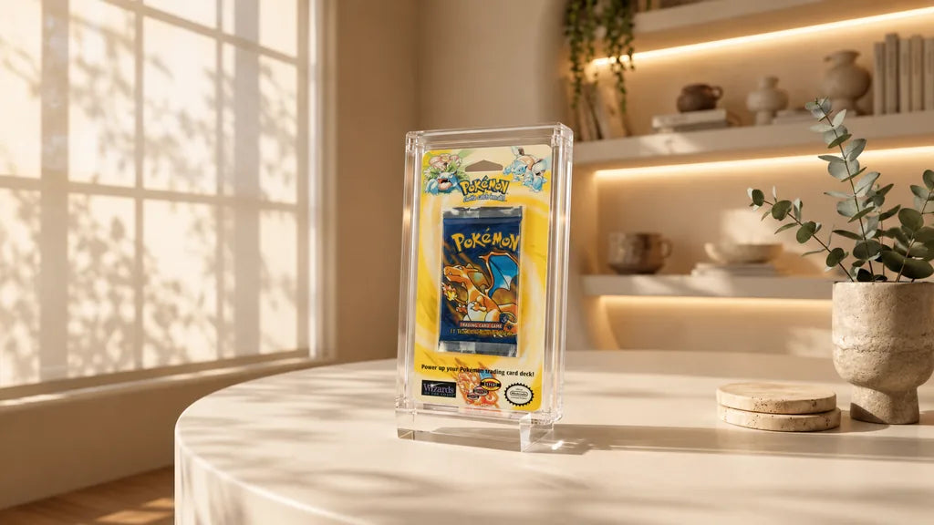 Phantom Blister Pack Display, a sealed vintage Pokemon booster blister in a crystal acrylic display with a clear base, on a sunlit writing desk