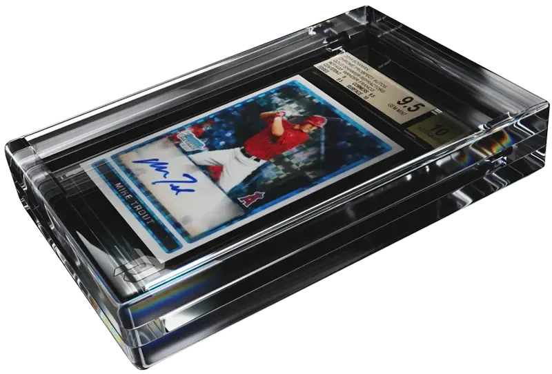 Graded card sealed in a Phantom crystal acrylic display
