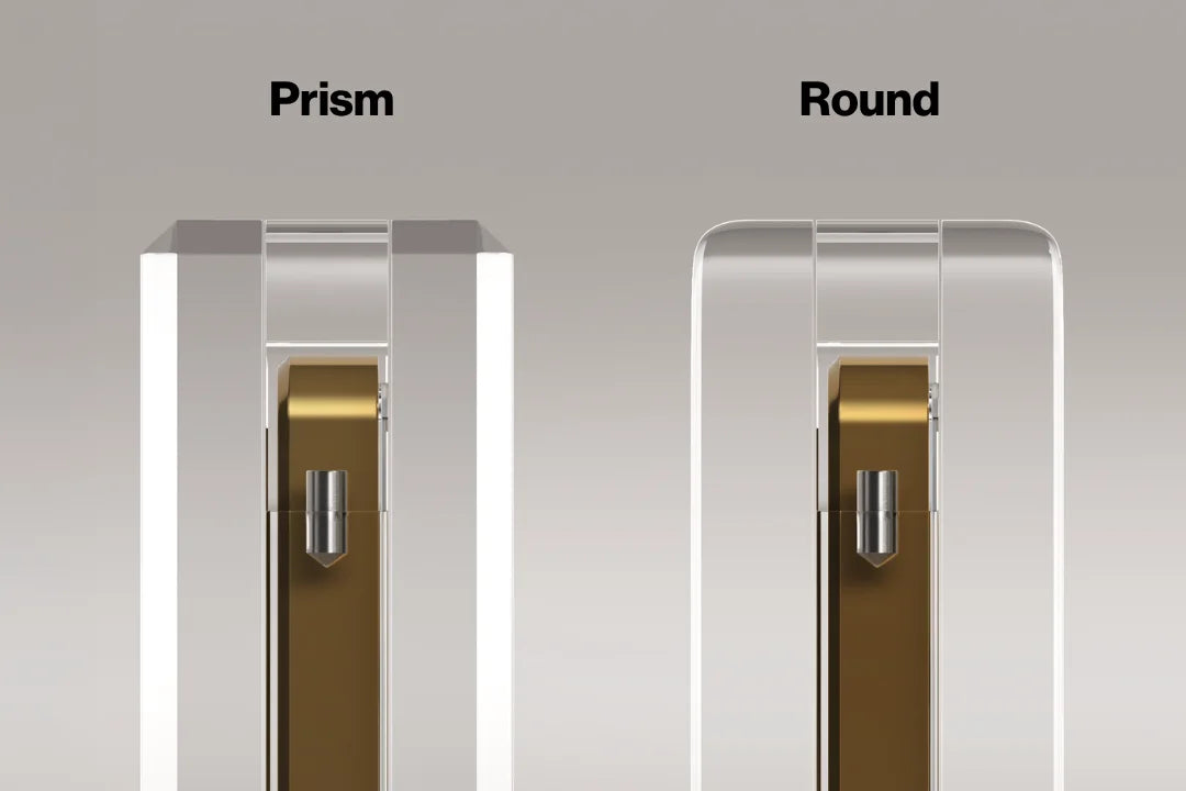 Edge and style options for the Magneto Slabmags display: Prism has diamond-cut faceted edges, Round has smooth rounded edges.