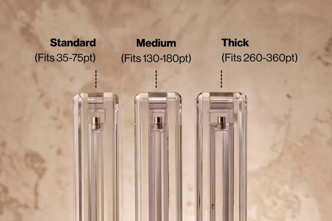 One-Touch holder sizes: Standard fits 35-75pt cards, Medium fits 130-180pt cards, Thick fits 260-360pt cards.